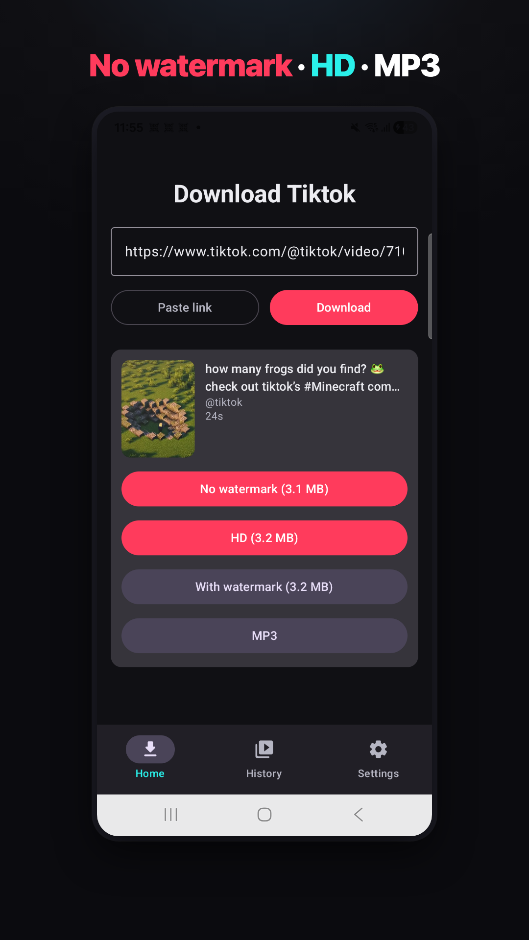 Download Tiktok app screenshot — video ready to save without watermark